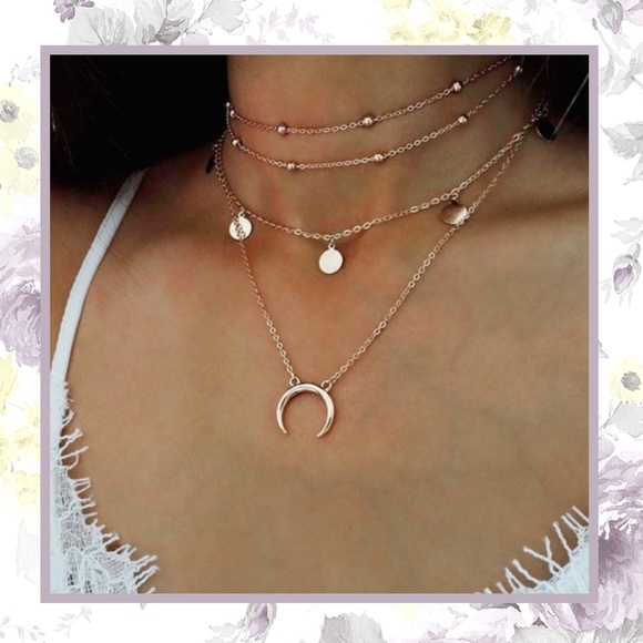 🌸DOUBLE HORN NECKLACE CRESCENT MOON BOHO LAYERS - Picture 2 of 6